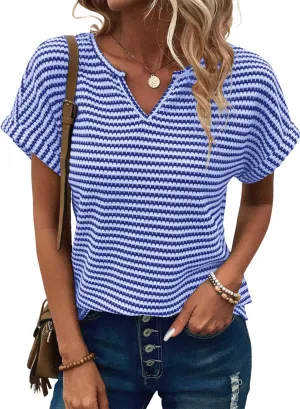 EVALESS Womens Dressy Casual Cap Short Sleeve Tops Trendy Summer V Neck Loose Striped Casual Basic T Shirts Tee Blouses