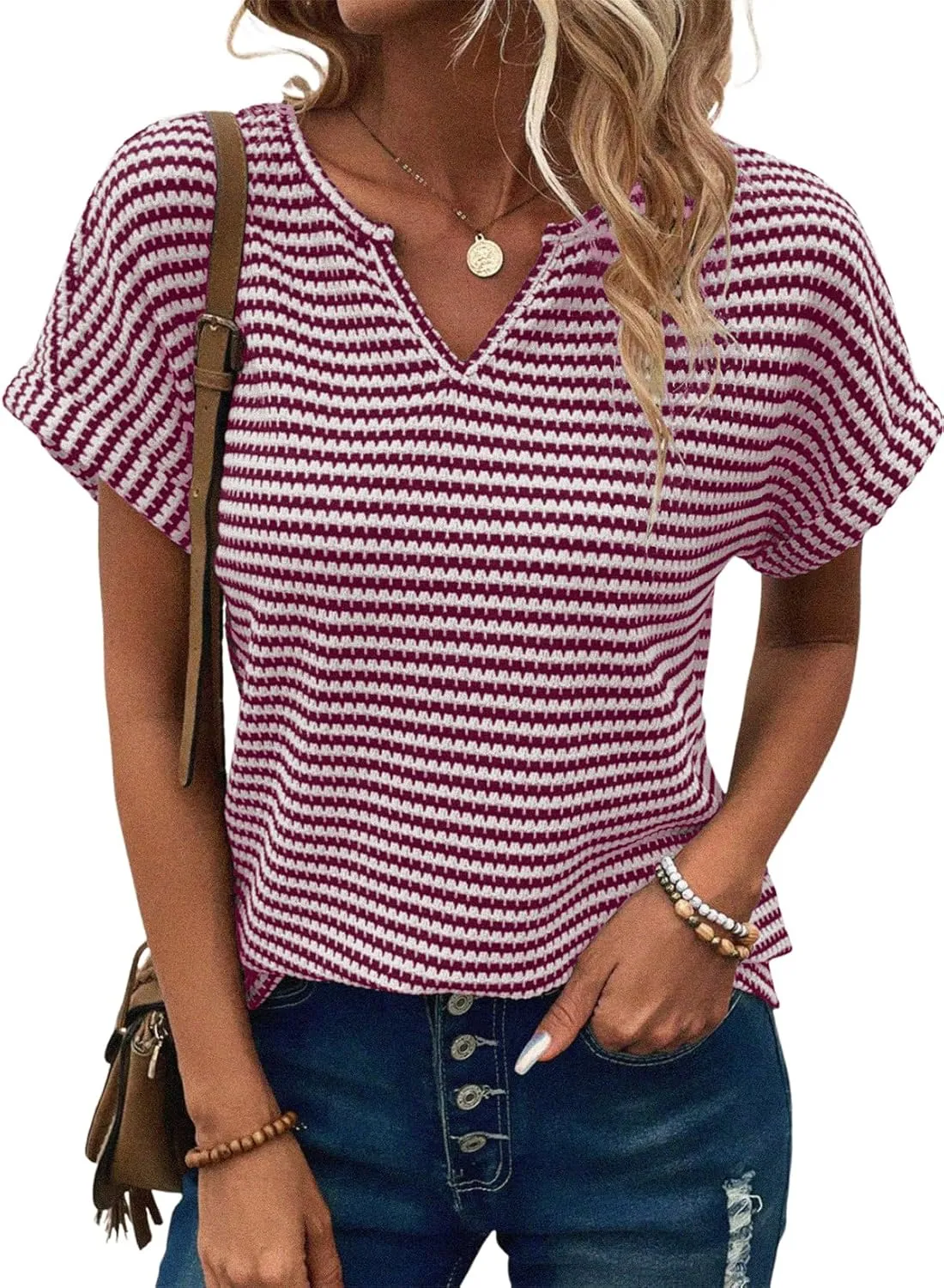 EVALESS Womens Dressy Casual Cap Short Sleeve Tops Trendy Summer V Neck Loose Striped Casual Basic T Shirts Tee Blouses