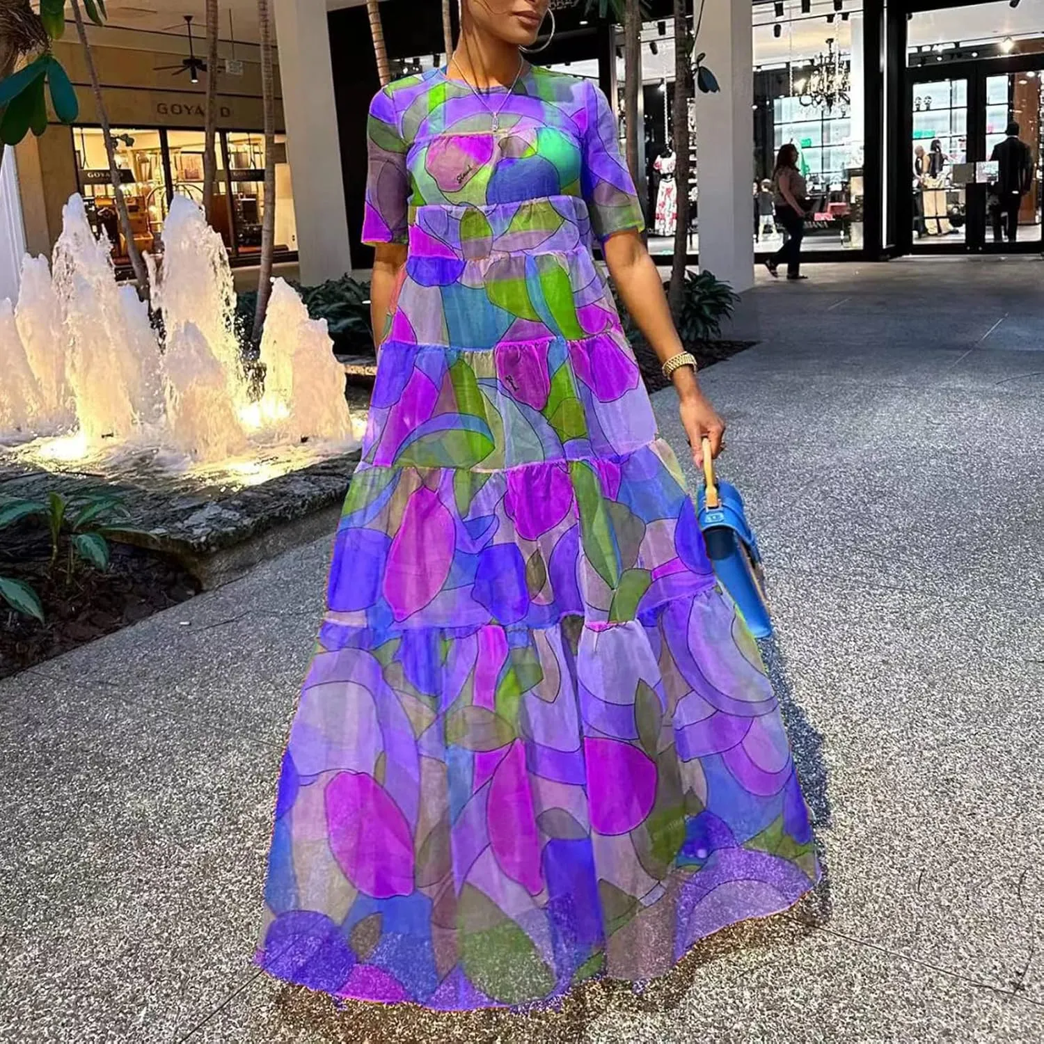 Famnbro Women's Printed Mesh Sheer Maxi Dress Summer Short Sleeve Crew Neck Flowy Swing Long Dresses