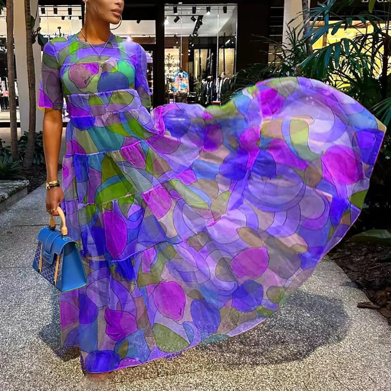 Famnbro Women's Printed Mesh Sheer Maxi Dress Summer Short Sleeve Crew Neck Flowy Swing Long Dresses