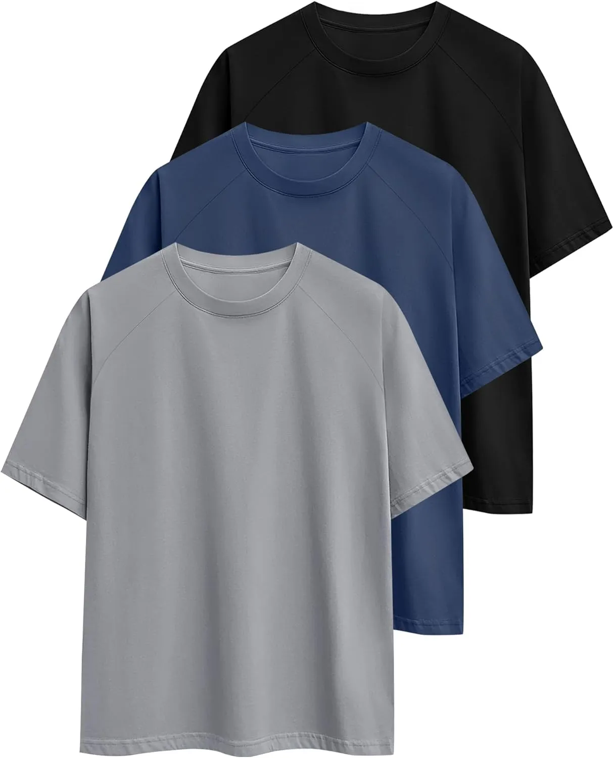 Ficerd 3 Pack Cotton Men's Oversized T Shirts Big and Tall Shirts Raglan Short Sleeve Crew Neck Plus Size Tee