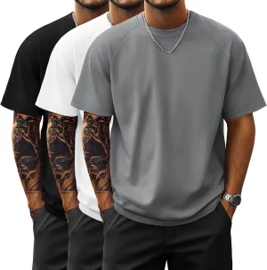 Ficerd 3 Pack Men's Big and Tall Raglan Short Sleeve T-Shirts, Side Split Summer 30% Cotton Crewneck Soft Basic Shirts
