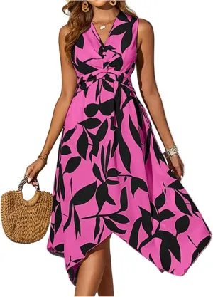Floral Midi Dresses for Women Summer Flowy Sleeveless V Nevk Tie Wrap Dress Y2k Irregular Hem Casual Beach Sundress