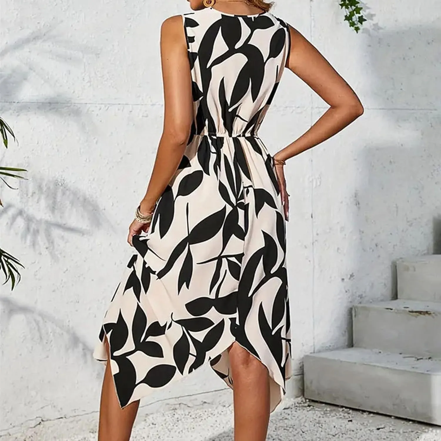 Floral Midi Dresses for Women Summer Flowy Sleeveless V Nevk Tie Wrap Dress Y2k Irregular Hem Casual Beach Sundress