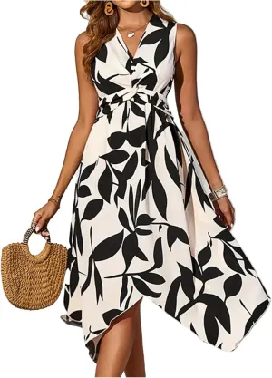 Floral Midi Dresses for Women Summer Flowy Sleeveless V Nevk Tie Wrap Dress Y2k Irregular Hem Casual Beach Sundress