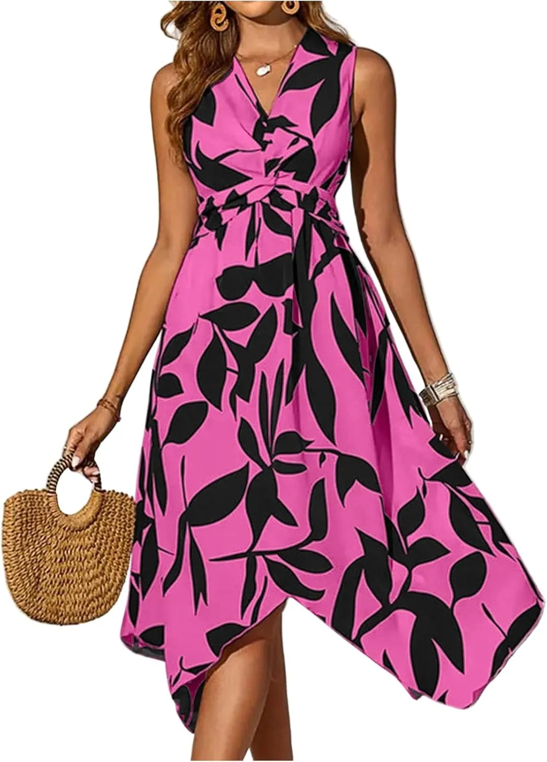 Floral Midi Dresses for Women Summer Flowy Sleeveless V Nevk Tie Wrap Dress Y2k Irregular Hem Casual Beach Sundress