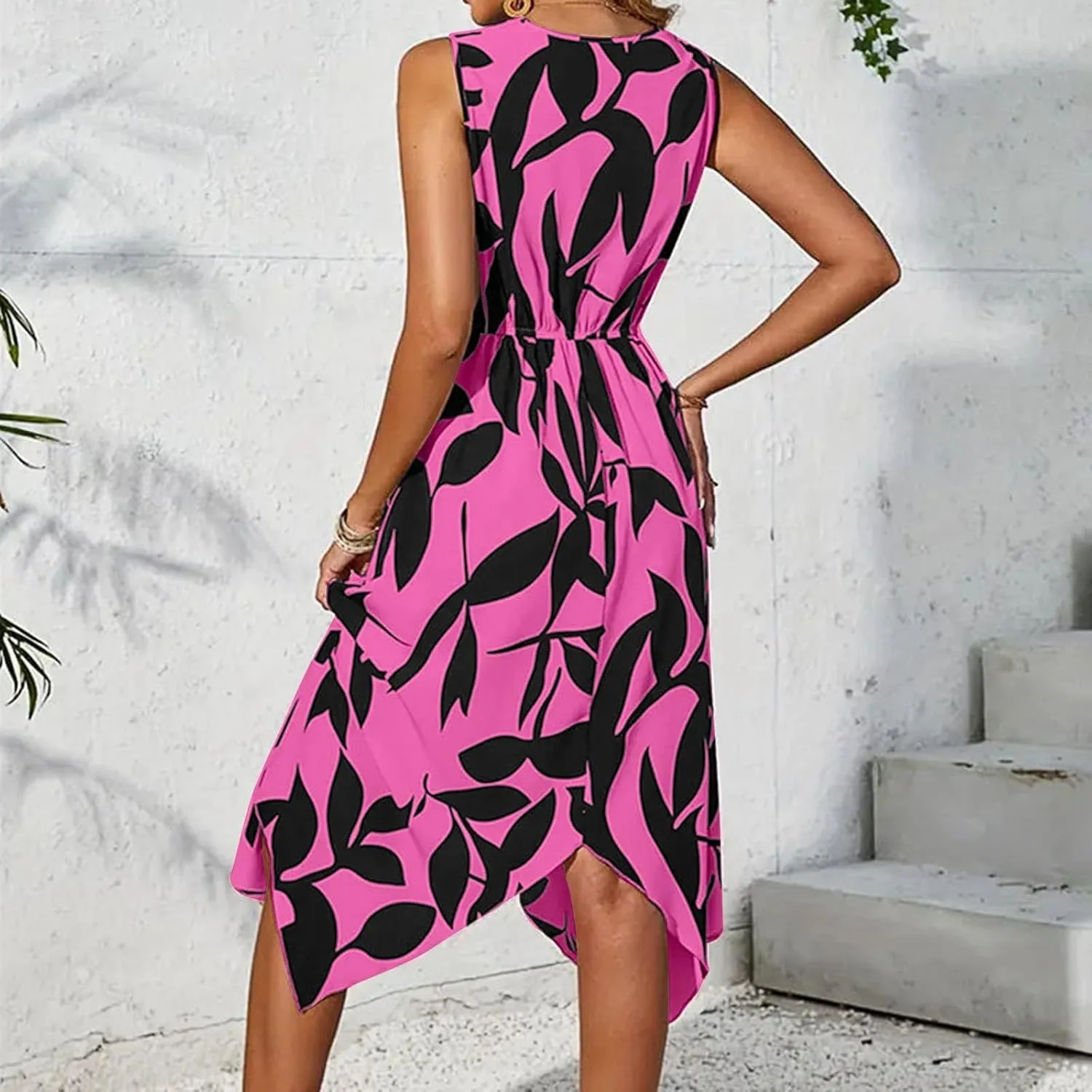 Floral Midi Dresses for Women Summer Flowy Sleeveless V Nevk Tie Wrap Dress Y2k Irregular Hem Casual Beach Sundress
