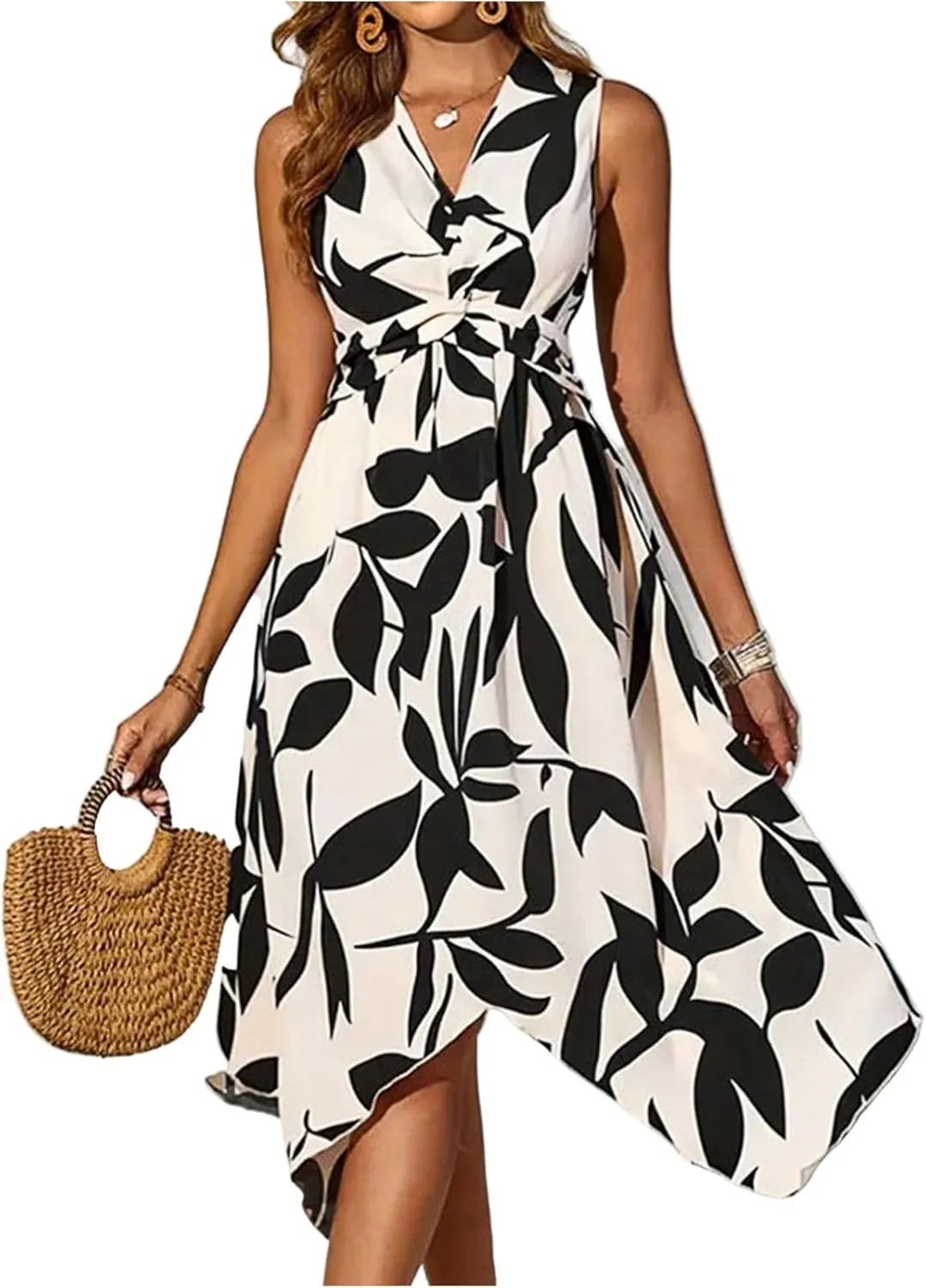 Floral Midi Dresses for Women Summer Flowy Sleeveless V Nevk Tie Wrap Dress Y2k Irregular Hem Casual Beach Sundress
