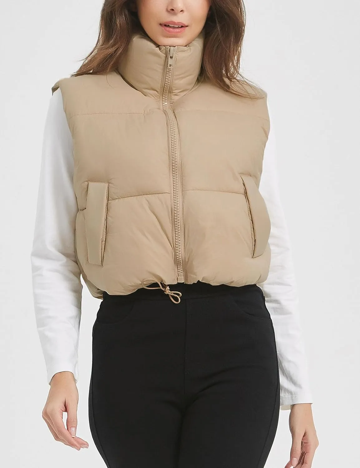 Flygo Puffer Vest Women Cropped Vest Zip Up Stand Collar Sleeveless Lightweight Winter Down Vests Jacket