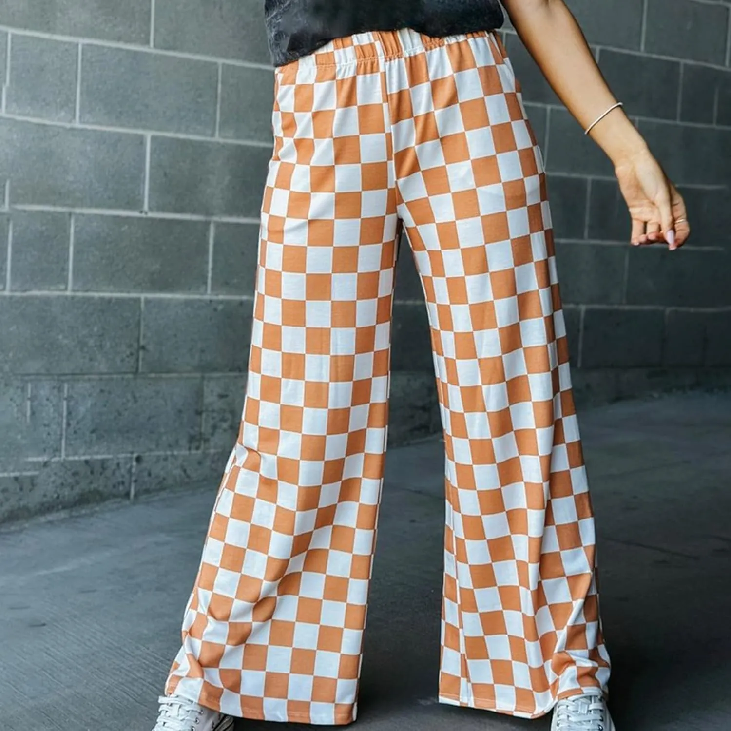 FOMOYUU Womens Gingham Wide Leg Pants Trendy Elastic High Waist Loose Checkerboard Trousers Casual Bottoms Loungewear