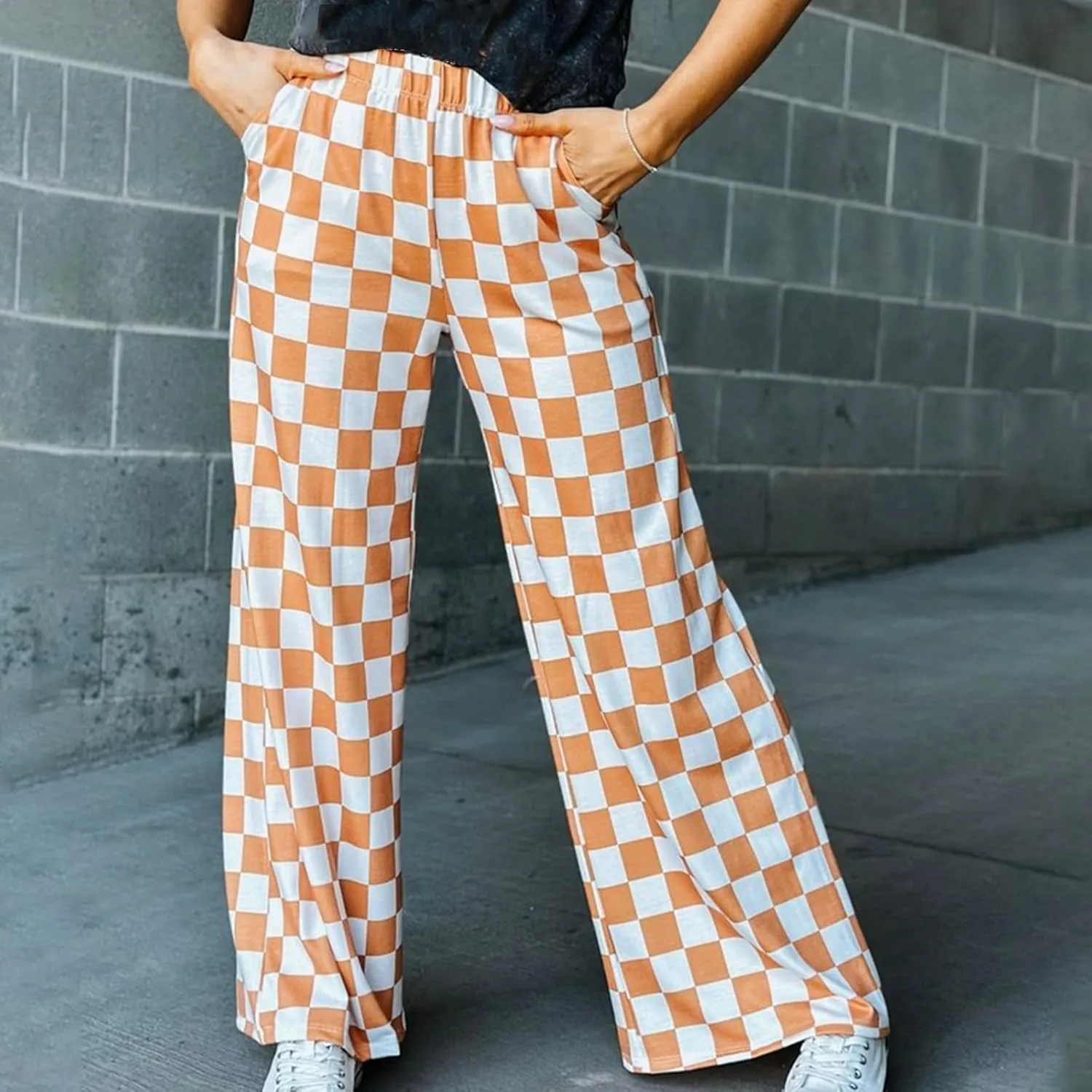 FOMOYUU Womens Gingham Wide Leg Pants Trendy Elastic High Waist Loose Checkerboard Trousers Casual Bottoms Loungewear