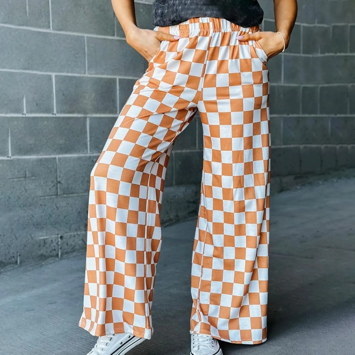 FOMOYUU Womens Gingham Wide Leg Pants Trendy Elastic High Waist Loose Checkerboard Trousers Casual Bottoms Loungewear
