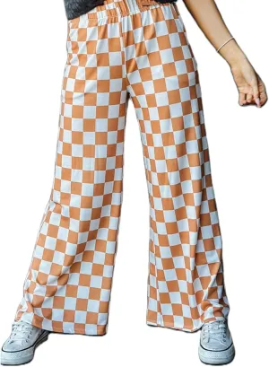 FOMOYUU Womens Gingham Wide Leg Pants Trendy Elastic High Waist Loose Checkerboard Trousers Casual Bottoms Loungewear