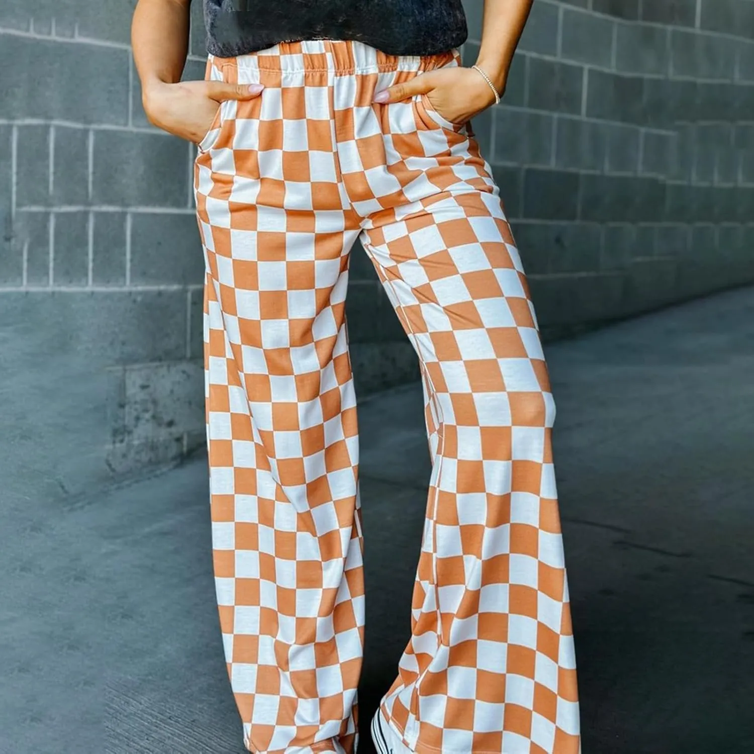 FOMOYUU Womens Gingham Wide Leg Pants Trendy Elastic High Waist Loose Checkerboard Trousers Casual Bottoms Loungewear