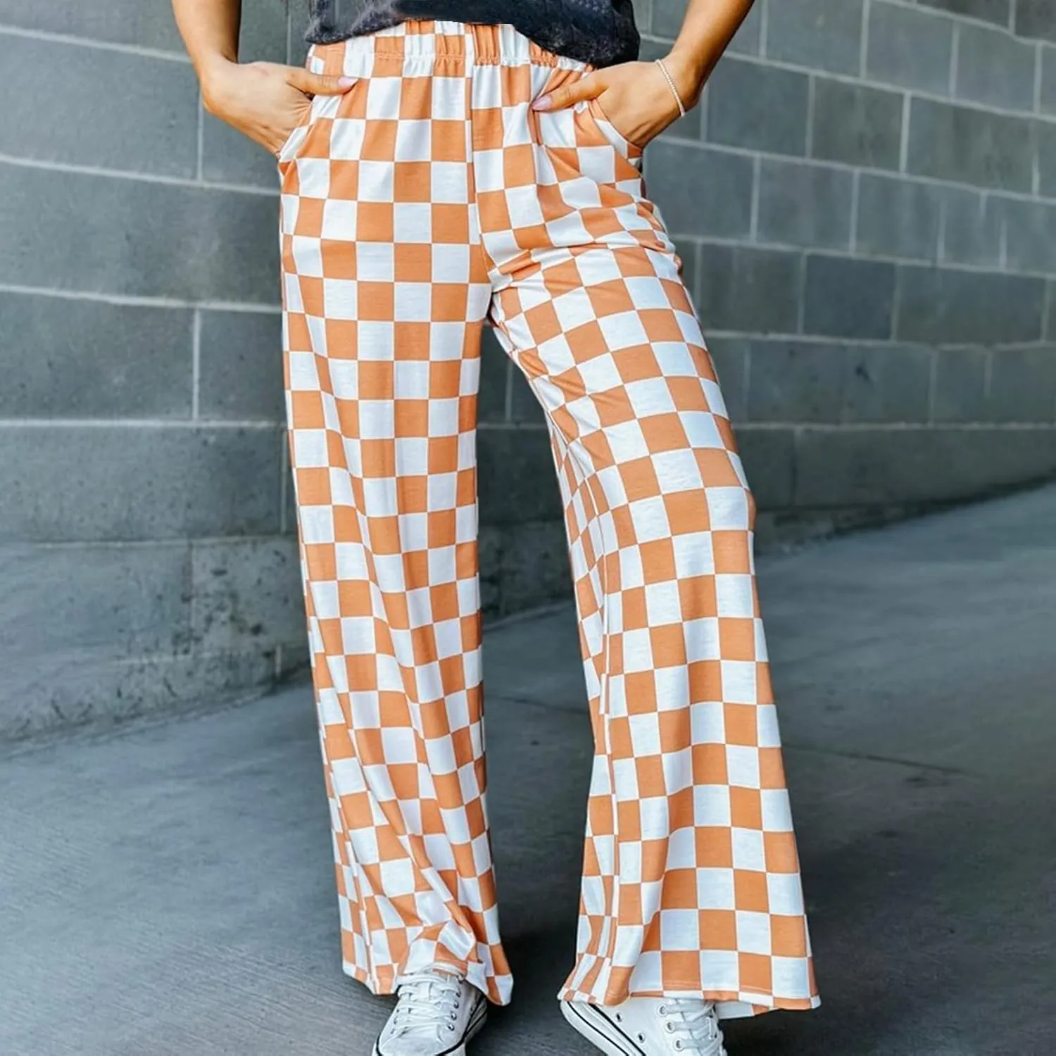 FOMOYUU Womens Gingham Wide Leg Pants Trendy Elastic High Waist Loose Checkerboard Trousers Casual Bottoms Loungewear