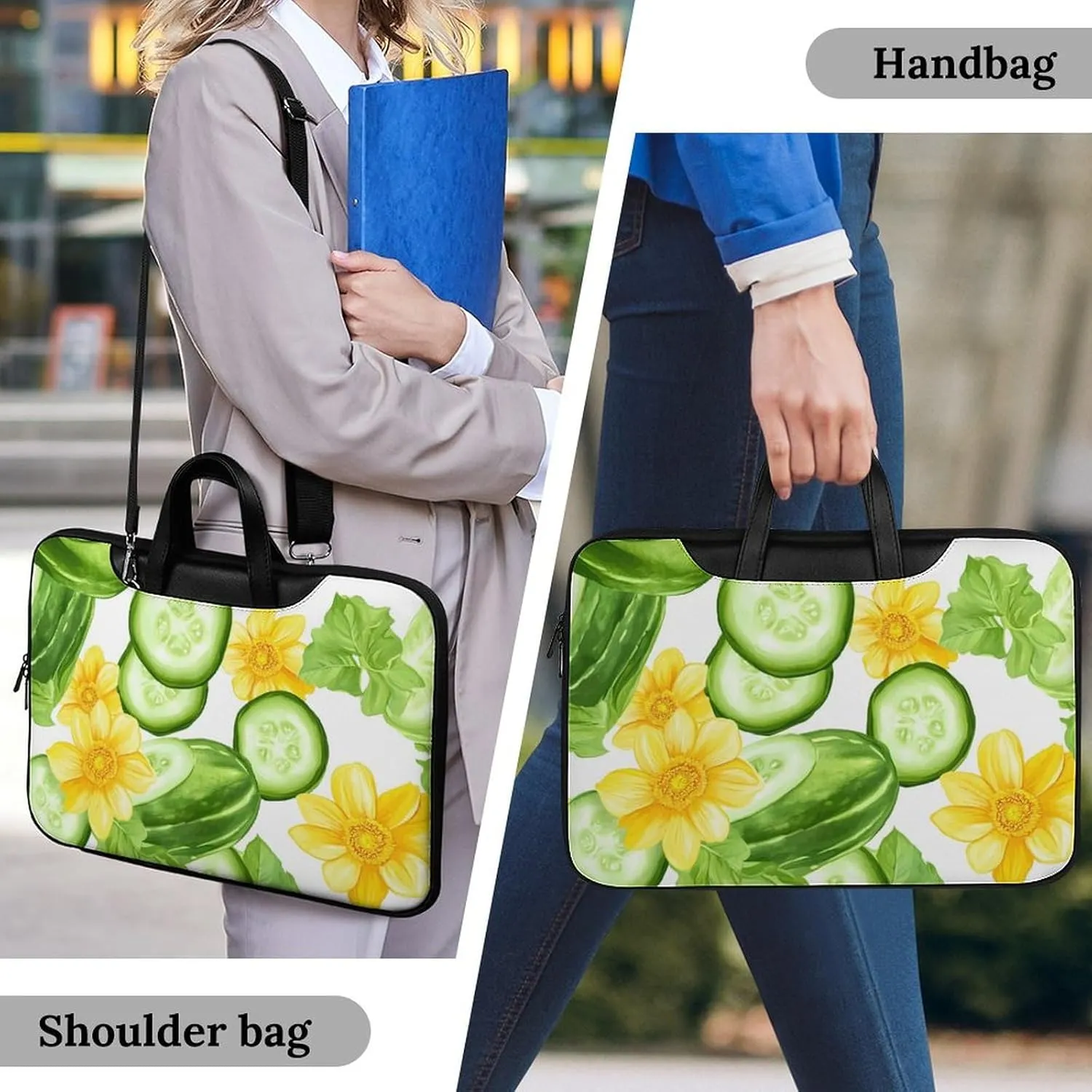 Fresh Cucumber Slices Flowers Leather Bag Laptop Case Slim Water Resistant Computer Bags with Handle Briefcase for Work