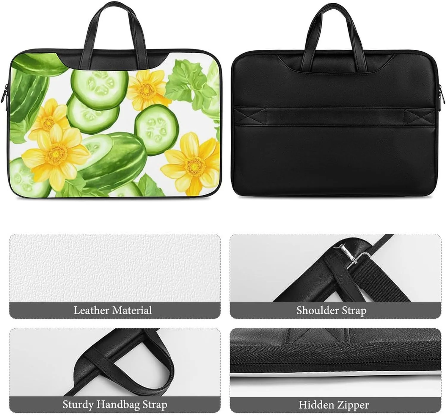 Fresh Cucumber Slices Flowers Leather Bag Laptop Case Slim Water Resistant Computer Bags with Handle Briefcase for Work