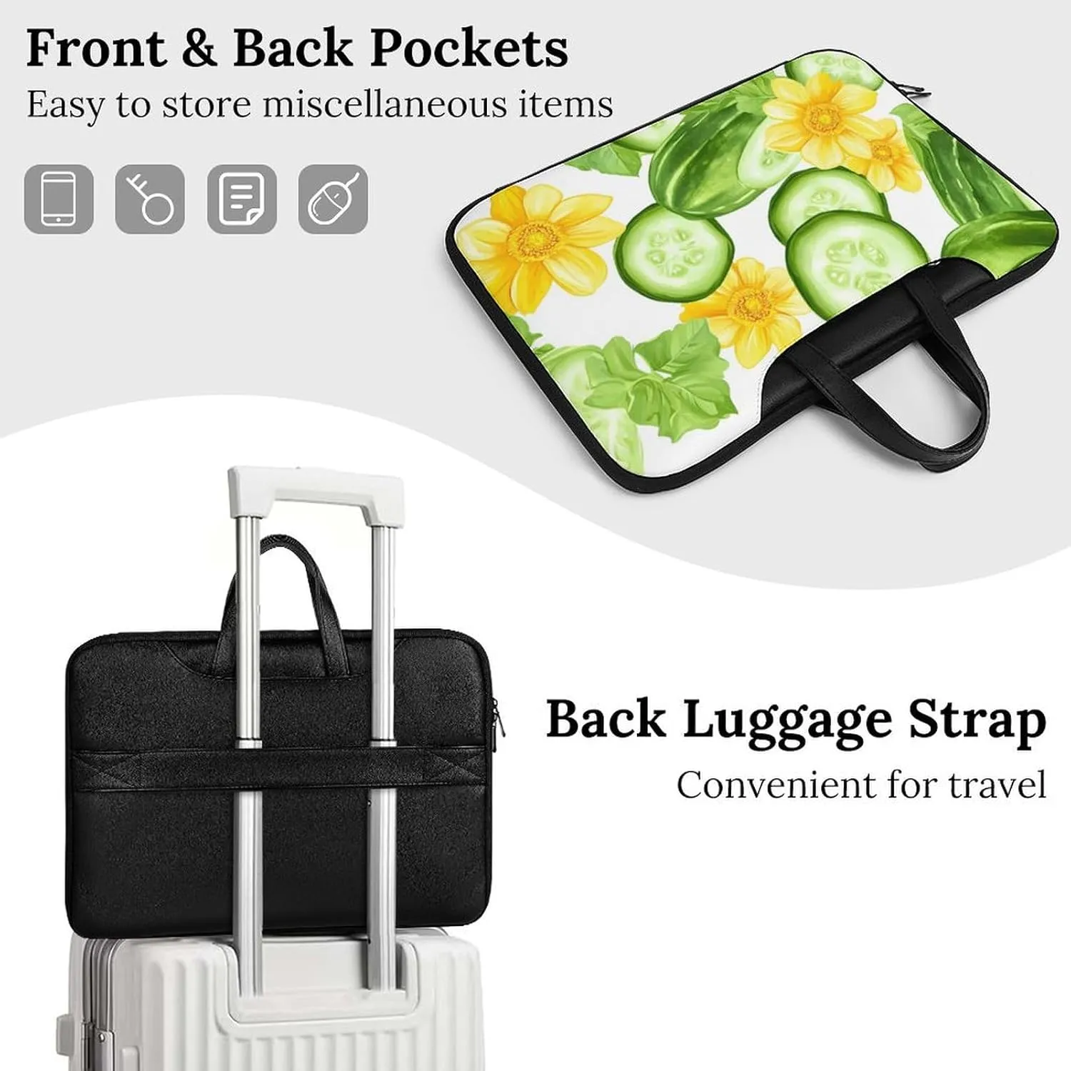 Fresh Cucumber Slices Flowers Leather Bag Laptop Case Slim Water Resistant Computer Bags with Handle Briefcase for Work