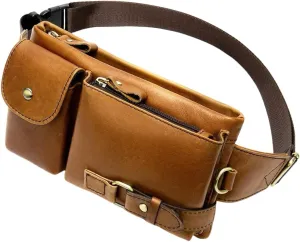 Genuine Leather Fanny Pack Slim Cowhide Waist Pack satchel Adjustable Waistband Travel Outdoor (BROWN)