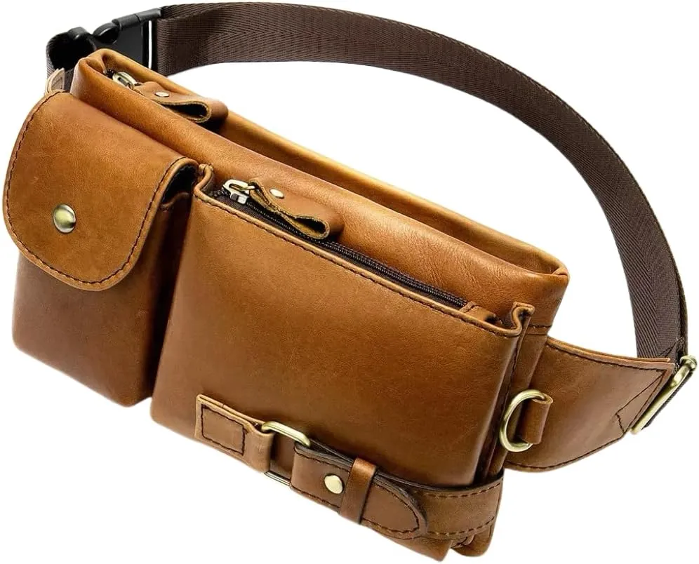 Genuine Leather Fanny Pack Slim Cowhide Waist Pack satchel Adjustable Waistband Travel Outdoor (BROWN)