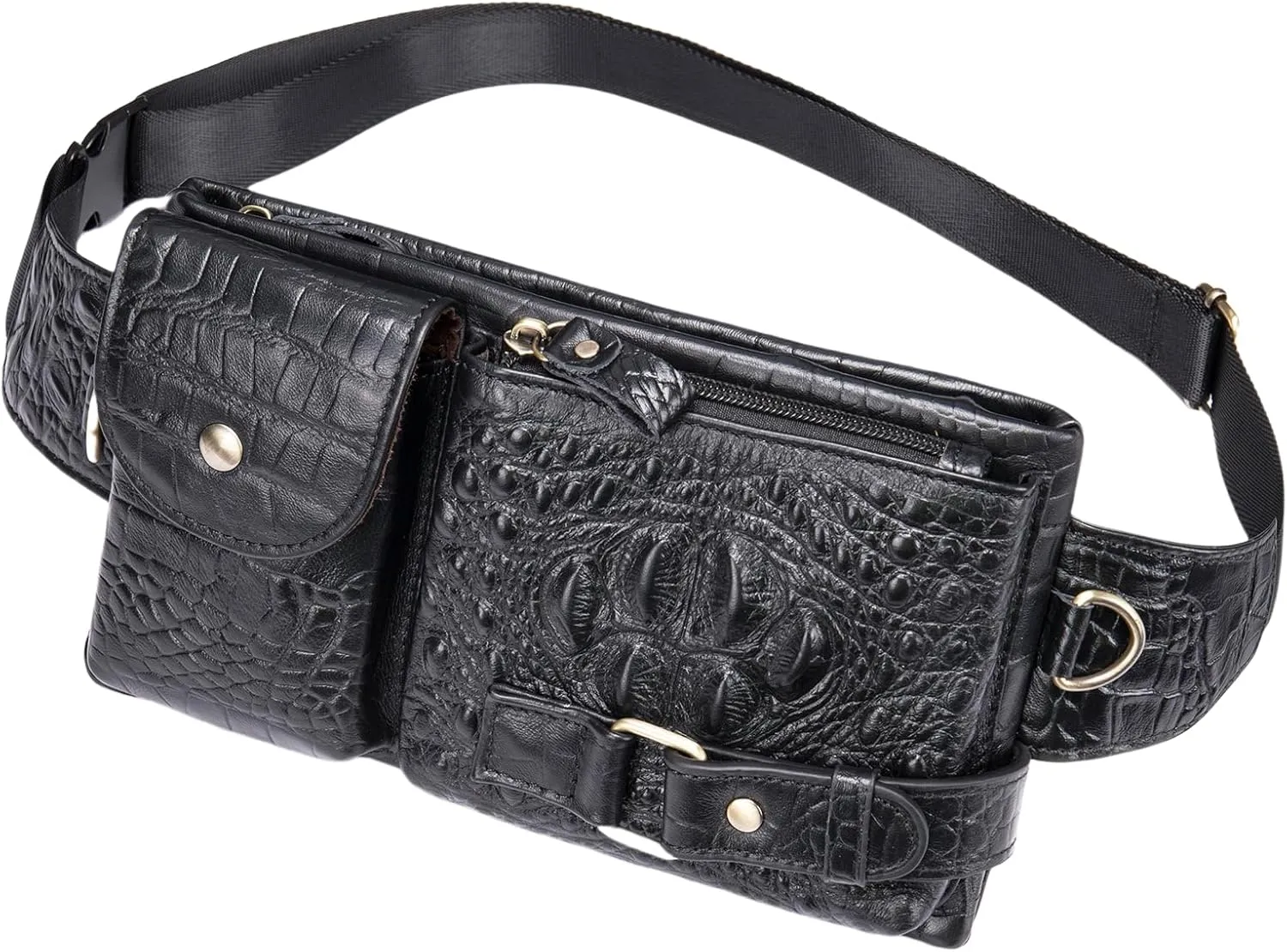 Genuine Leather Fanny Pack Slim Cowhide Waist Pack satchel Adjustable Waistband Travel Outdoor (CROCODILE BLACK)