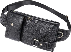 Genuine Leather Fanny Pack Slim Cowhide Waist Pack satchel Adjustable Waistband Travel Outdoor (CROCODILE BLACK)