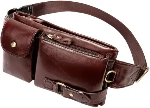 Genuine Leather Fanny Pack Slim Cowhide Waist Pack satchel Adjustable Waistband Travel Outdoor (RED BROWN)