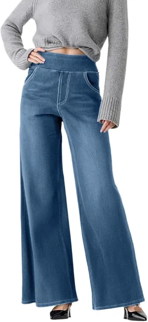 GIERIDUC Stretch Jeans for Women Retro Wide Leg Elastic High Waisted Loose Casual Look Like Jeans Sweatpants with Pockets