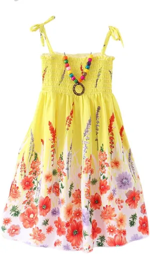 Girls Bohemian Dresses Floral Sleeveless Rainbow Beach Sundress with Necklace 2-12T