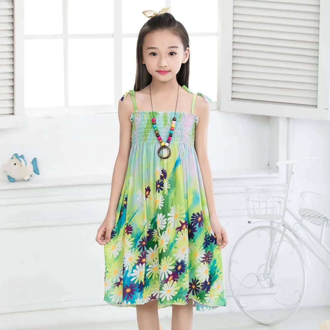 Girls Bohemian Dresses Floral Sleeveless Rainbow Beach Sundress with Necklace 2-12T