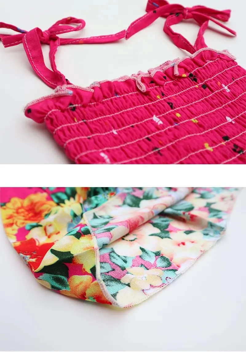 Girls Bohemian Dresses Floral Sleeveless Rainbow Beach Sundress with Necklace 2-12T
