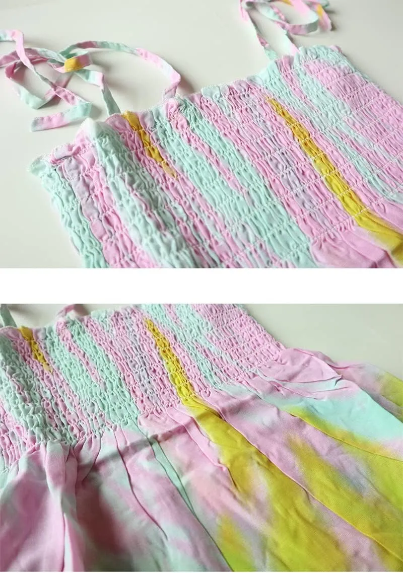 Girls Bohemian Dresses Floral Sleeveless Rainbow Beach Sundress with Necklace 2-12T