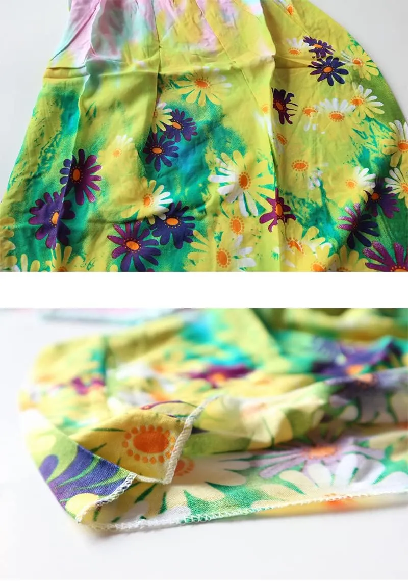 Girls Bohemian Dresses Floral Sleeveless Rainbow Beach Sundress with Necklace 2-12T