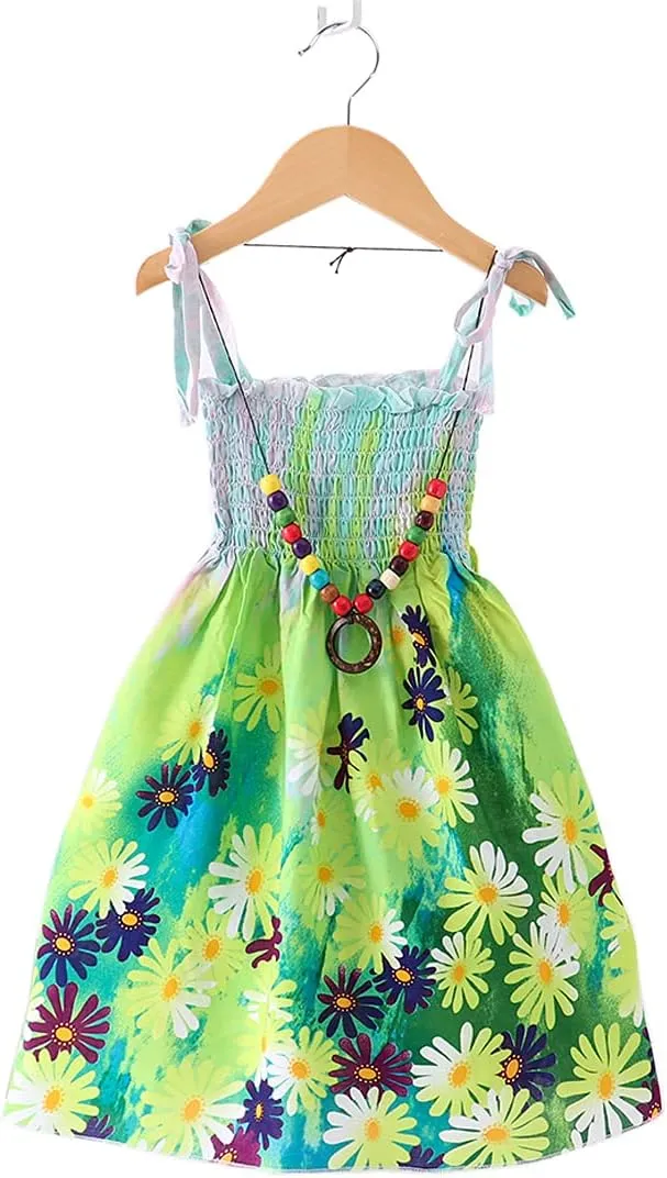 Girls Bohemian Dresses Floral Sleeveless Rainbow Beach Sundress with Necklace 2-12T