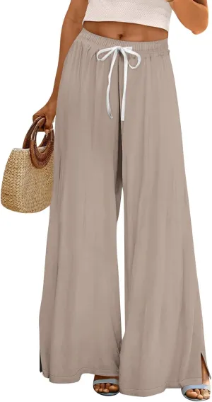 GOFULY Wide Leg Flowy Pants for Women Summer 2025 Beach Palazzo Pants High Elastic Waist Drawstring Side Slit Pockets Trouser