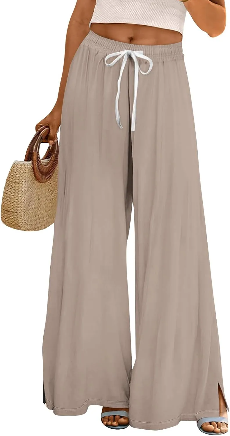 GOFULY Wide Leg Flowy Pants for Women Summer 2025 Beach Palazzo Pants High Elastic Waist Drawstring Side Slit Pockets Trouser