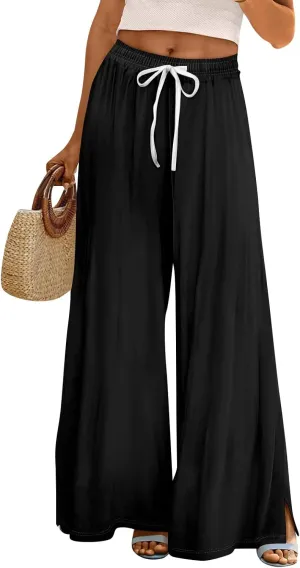 GOFULY Wide Leg Flowy Pants for Women Summer 2025 Beach Palazzo Pants High Elastic Waist Drawstring Side Slit Pockets Trouser
