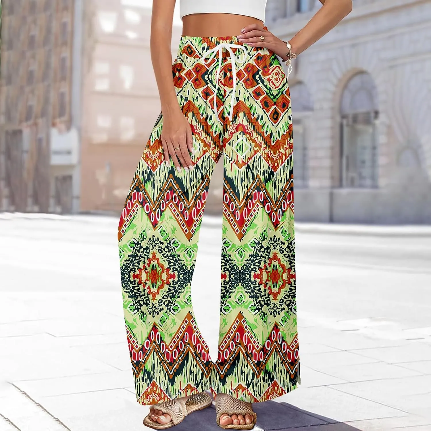 GOFULY Wide Leg Pants for Women Summer Floral Print High Waistd Pants Elastic Waist Drawstring Side Slit Pockets Trousers