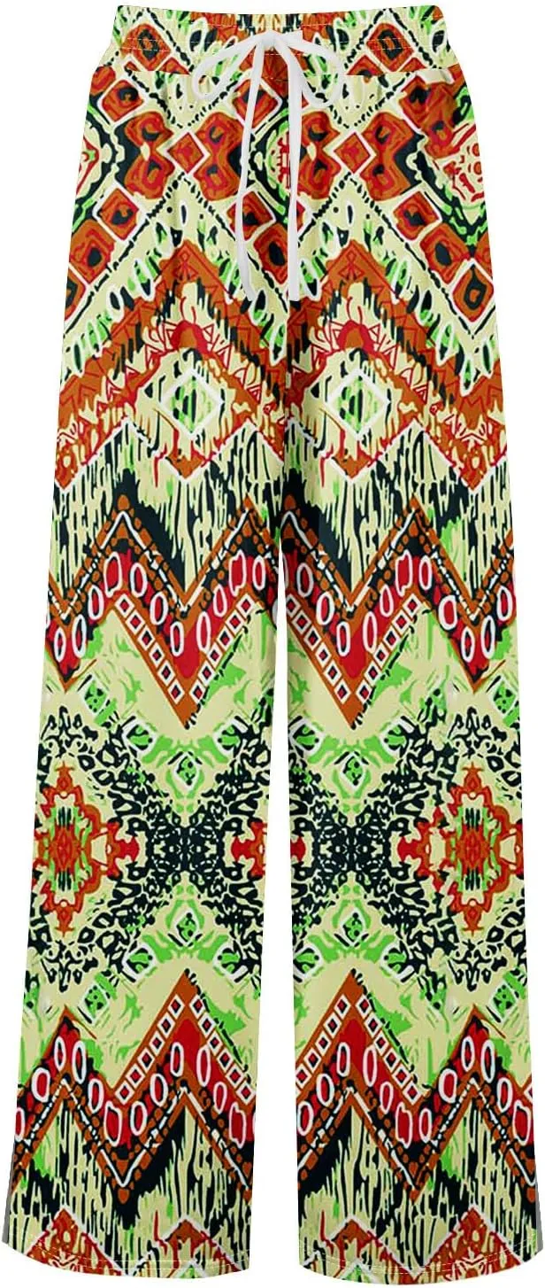 GOFULY Wide Leg Pants for Women Summer Floral Print High Waistd Pants Elastic Waist Drawstring Side Slit Pockets Trousers