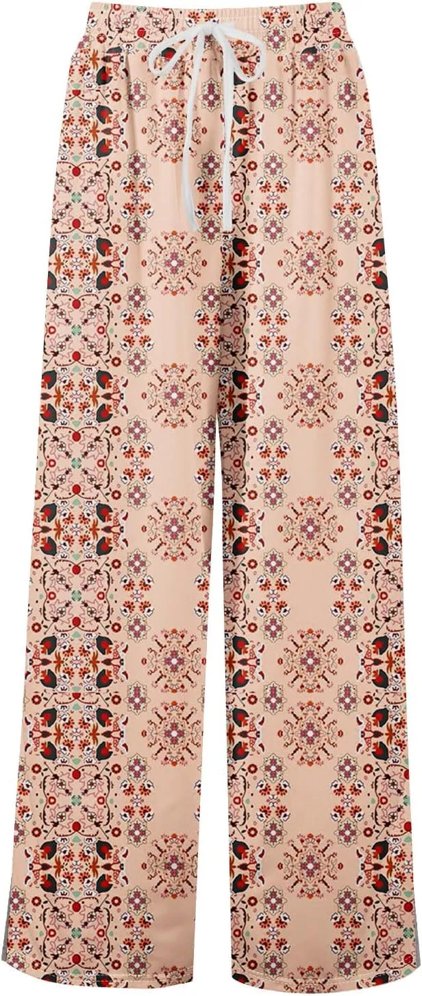 GOFULY Wide Leg Pants for Women Summer Floral Print High Waistd Pants Elastic Waist Drawstring Side Slit Pockets Trousers