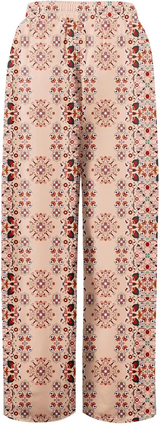 GOFULY Wide Leg Pants for Women Summer Floral Print High Waistd Pants Elastic Waist Drawstring Side Slit Pockets Trousers