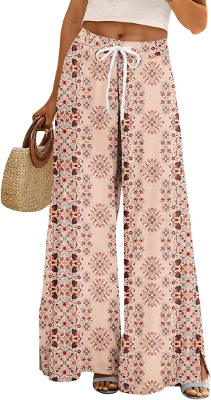 GOFULY Wide Leg Pants for Women Summer Floral Print High Waistd Pants Elastic Waist Drawstring Side Slit Pockets Trousers