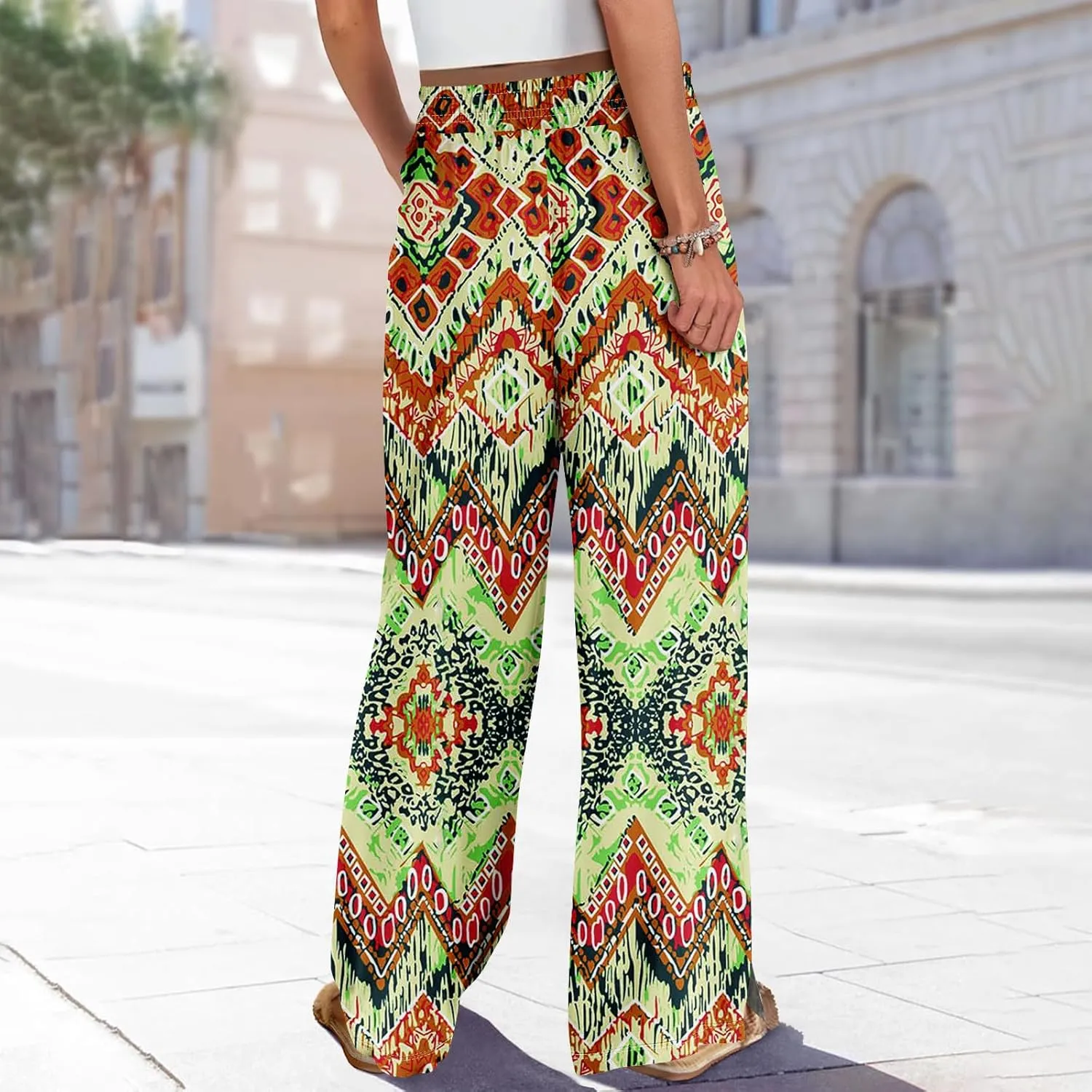 GOFULY Wide Leg Pants for Women Summer Floral Print High Waistd Pants Elastic Waist Drawstring Side Slit Pockets Trousers