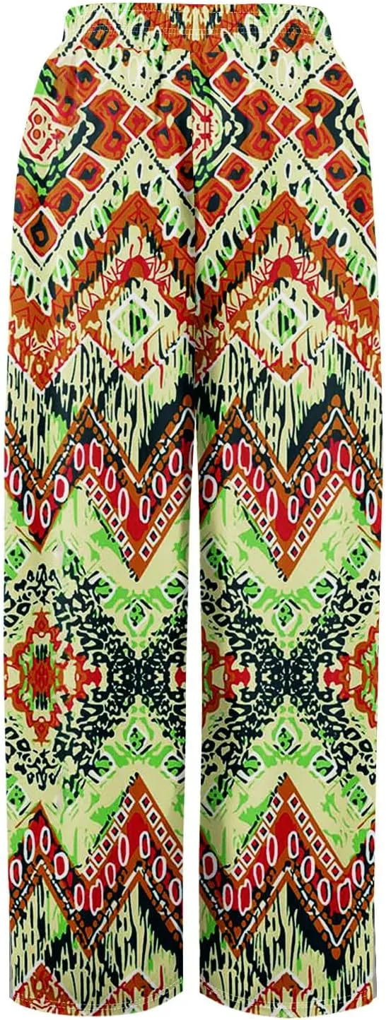 GOFULY Wide Leg Pants for Women Summer Floral Print High Waistd Pants Elastic Waist Drawstring Side Slit Pockets Trousers