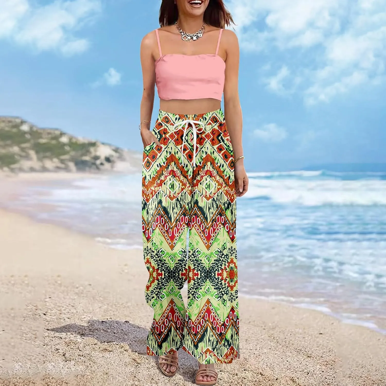 GOFULY Wide Leg Pants for Women Summer Floral Print High Waistd Pants Elastic Waist Drawstring Side Slit Pockets Trousers