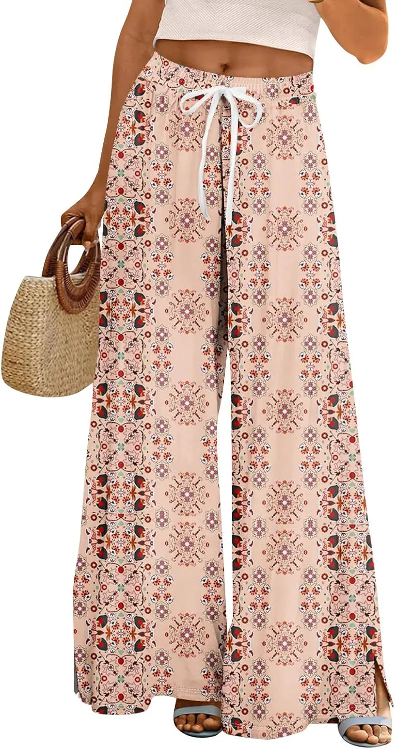 GOFULY Wide Leg Pants for Women Summer Floral Print High Waistd Pants Elastic Waist Drawstring Side Slit Pockets Trousers