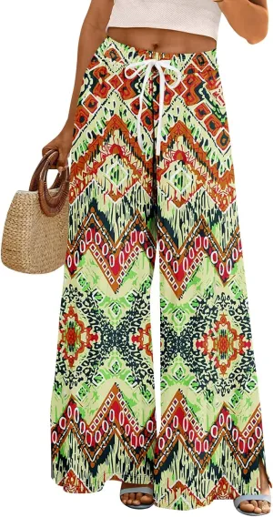 GOFULY Wide Leg Pants for Women Summer Floral Print High Waistd Pants Elastic Waist Drawstring Side Slit Pockets Trousers