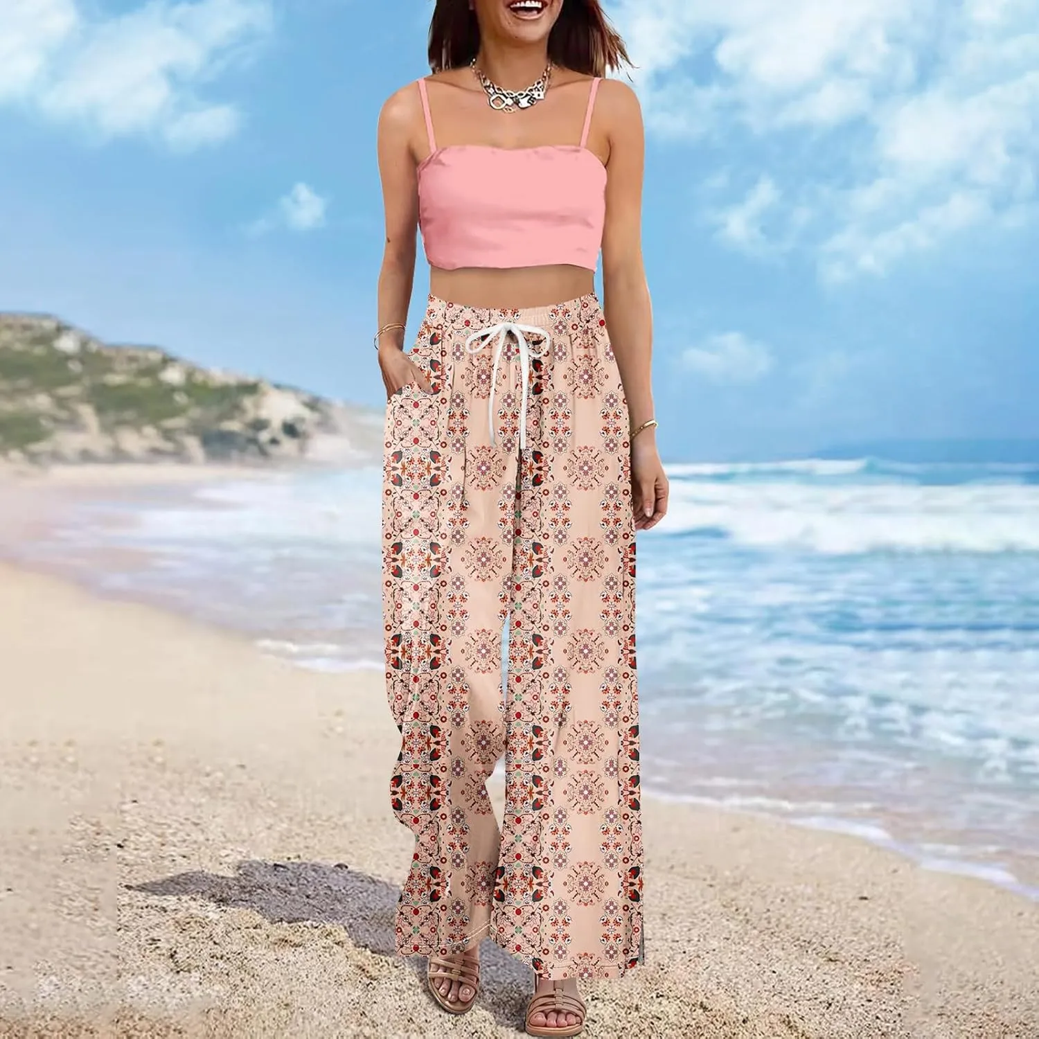 GOFULY Wide Leg Pants for Women Summer Floral Print High Waistd Pants Elastic Waist Drawstring Side Slit Pockets Trousers