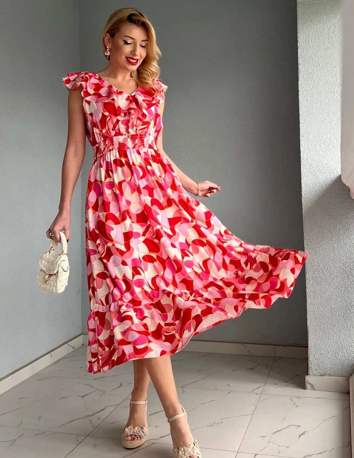 GRACE KARIN Women's Summer Dress Casual Boho Beach V Neck Smocked Waist Front Ruffle Floral Maxi Dresses with Pockets