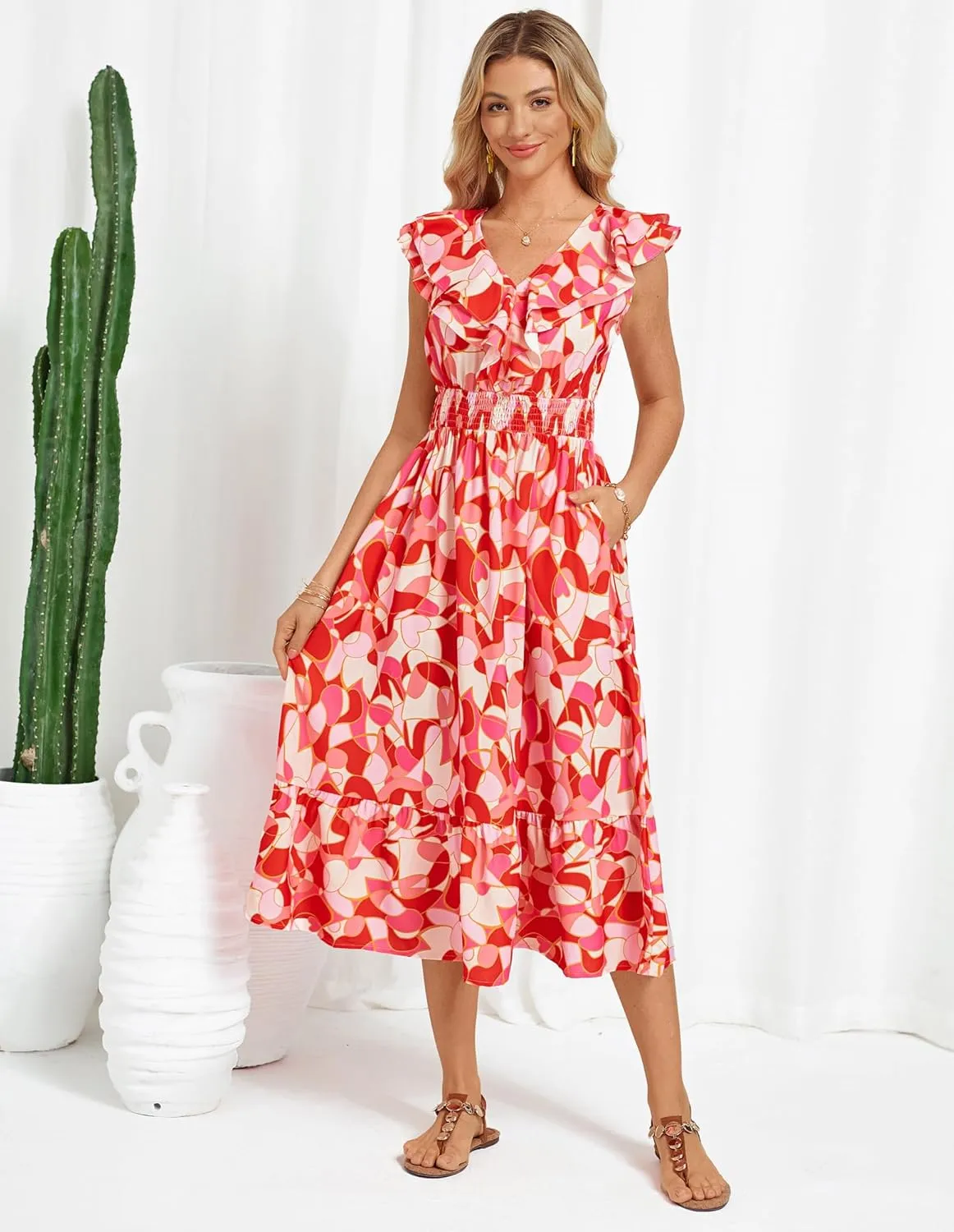 GRACE KARIN Women's Summer Dress Casual Boho Beach V Neck Smocked Waist Front Ruffle Floral Maxi Dresses with Pockets